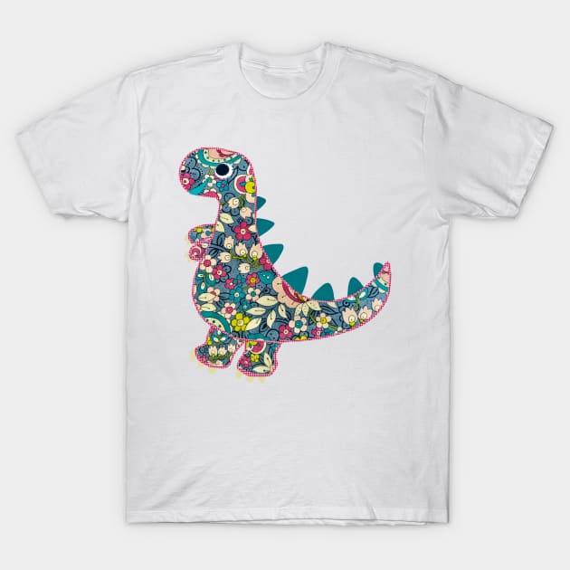 Vintage floral T-Rex Dinosaur on blue background T-Shirt by NattyDesigns